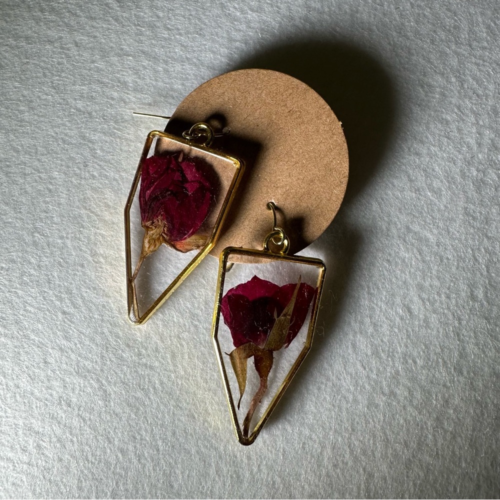 Geometric Gold and Red Botanical Earrings